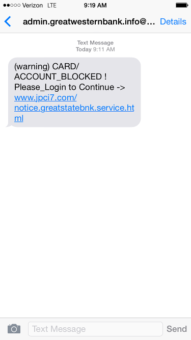 Screen shot of text message scam from Great Western Bank