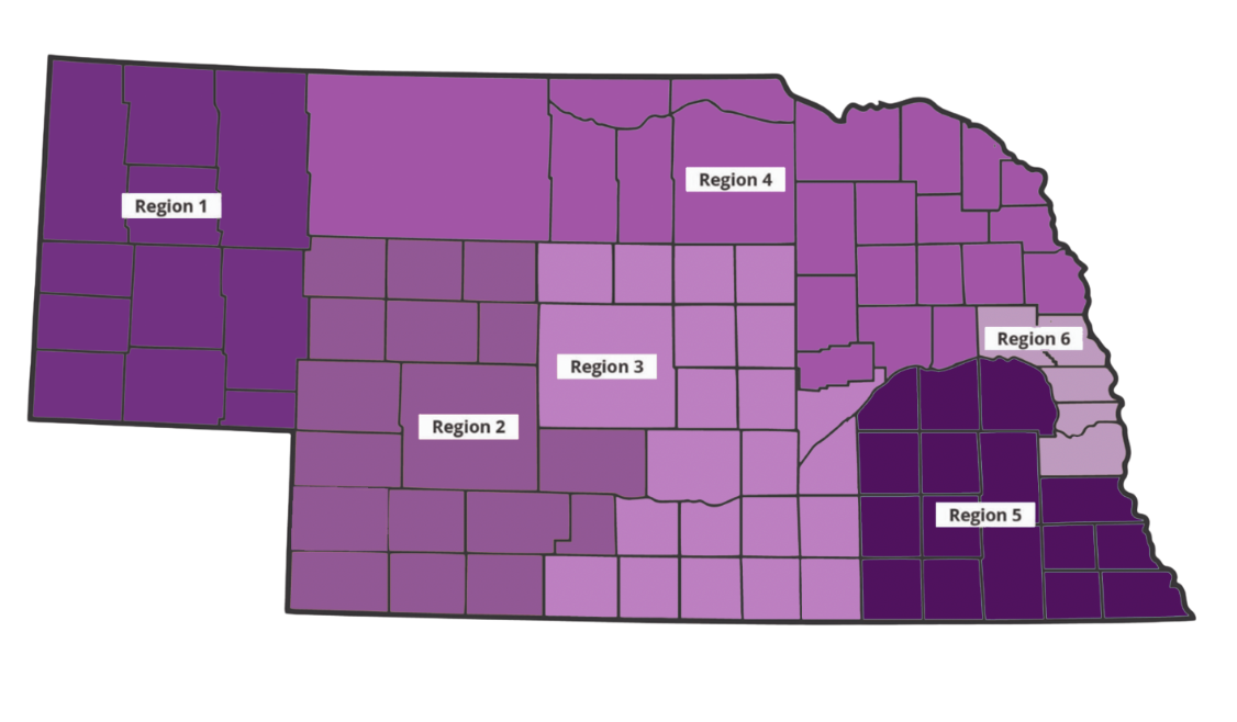 Map of Nebraska regions with 6 distinct regions 